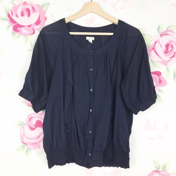 Anthropologie Tops - Anthro Odille Navy Blue Embroidered Peasant Blouse